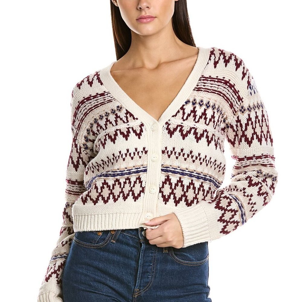 Rag & Bone Cropped Cardigan Sweater XS Ivory Willow Fair Isle 100% Wool